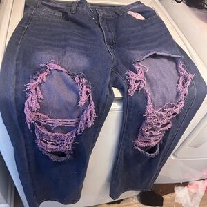 Trendy Blue Boyfriend Jeans with Pink Distressed Details